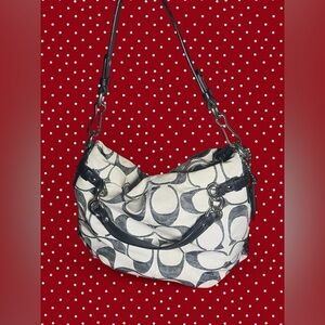 Coach Grey and Cream Signature Shoulder Bag with teal interior